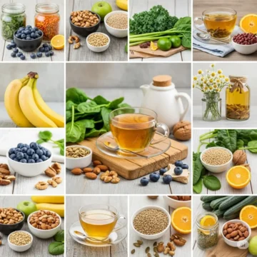 کلاژ تصویری از مواد غذایی سالم و مفید برای کاهش استرس و اضطراب کنکور